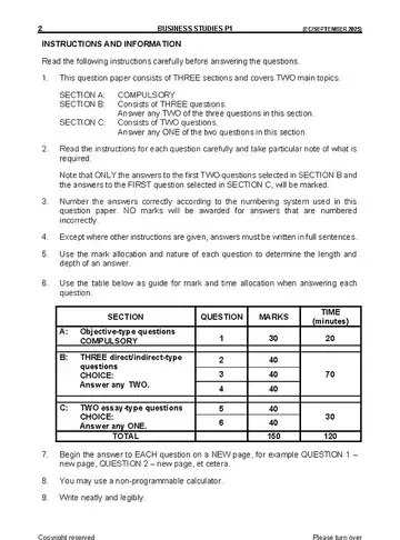 Business Studies Grade 12 September Trial 2025 Paper 1 question paper, first page of questions