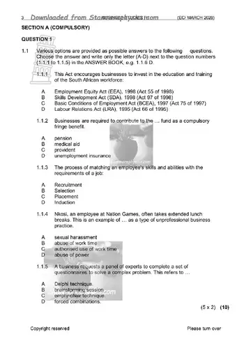 Business Studies Grade 12 March Test 2026 (Eastern Cape) question paper, first page of questions