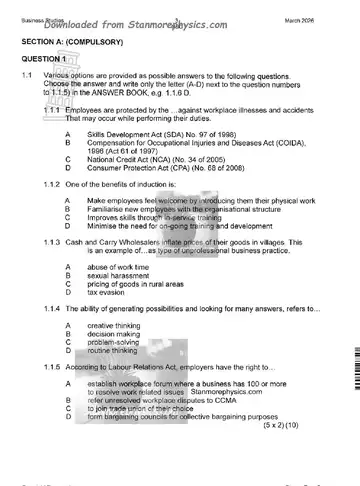 Business Studies Grade 12 March Test 2026 (KwaZulu-Natal) question paper, first page of questions