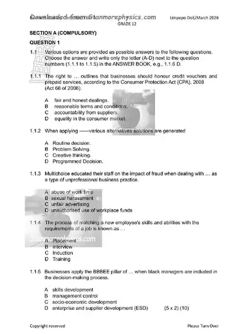 Business Studies Grade 12 March Test 2026 (Limpopo) question paper, first page of questions