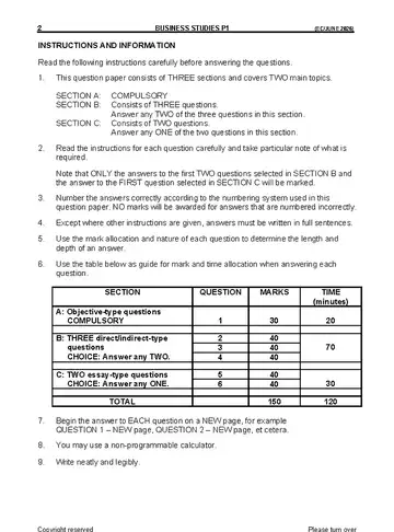 Business Studies Grade 12 June 2026 Paper 1 (Eastern Cape) question paper, first page of questions