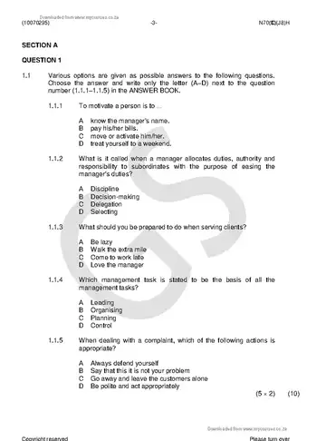 Caterer Client Relations N5 June 2018 question paper, first page of questions