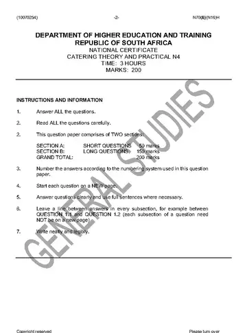 Catering Theory and Practical N4 November 2016 question paper, first page of questions