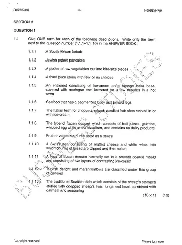 Catering Theory and Practical N6 November 2013 question paper, first page of questions