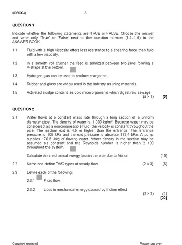 Chemical Plant Operation N4 August 2019 question paper, first page of questions