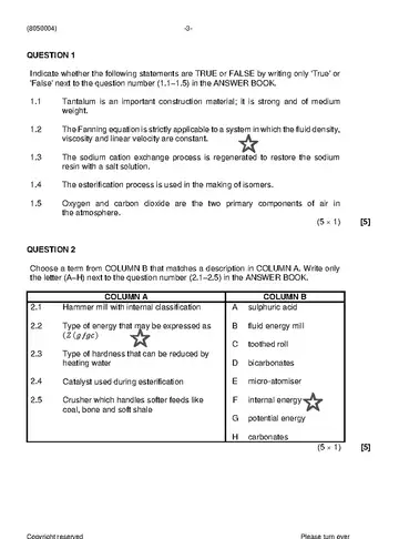 Chemical Plant Operation N4 August 2021 question paper, first page of questions