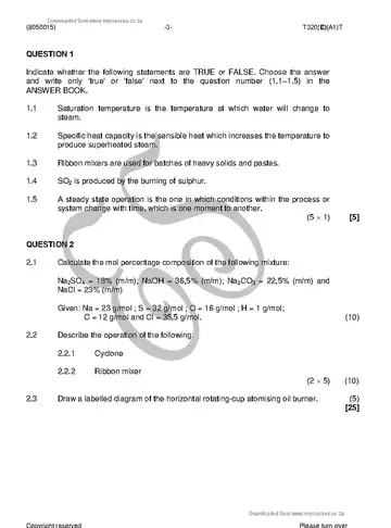 Chemical Plant Operation N5 August 2018 question paper, first page of questions