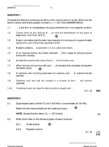 Chemical Plant Operation N5 August 2021 question paper, first page of questions