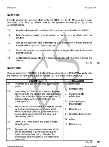 Chemical Plant Operation N6 August 2018 question paper, first page of questions