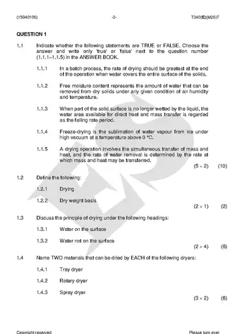 Chemical Technology N6 April 2018 question paper, first page of questions