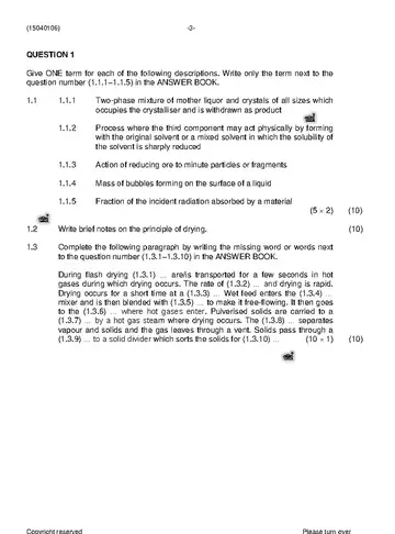 Chemical Technology N6 November 2019 question paper, first page of questions