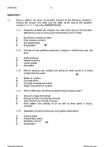 Chemical Technology N6 November 2020 question paper, first page of questions