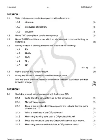 Chemistry N4 August 2018 question paper, first page of questions