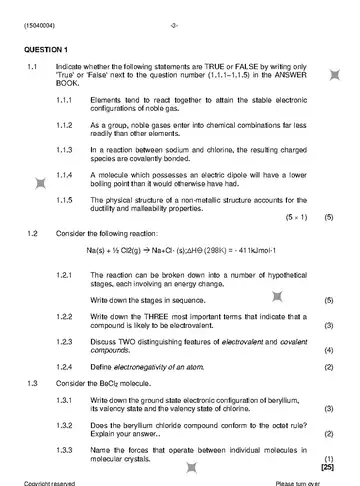 Chemistry N4 November 2022 question paper, first page of questions