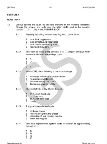 Child Health N4 November 2018 question paper, first page of questions
