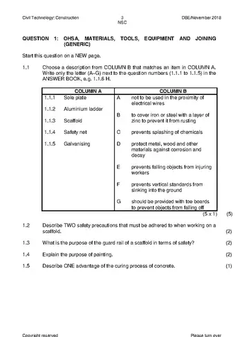 Civil Technology Grade 12 November 2018: Construction (National DBE) question paper, first page of questions