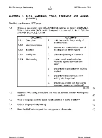 Civil Technology Grade 12 November 2018: Woodworking (National DBE) question paper, first page of questions