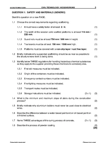 Civil Technology Grade 12 September Trial 2020: Woodworking question paper, first page of questions