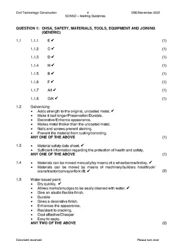 Civil Technology Grade 12 November 2020: Construction (National DBE) memo, first page of questions