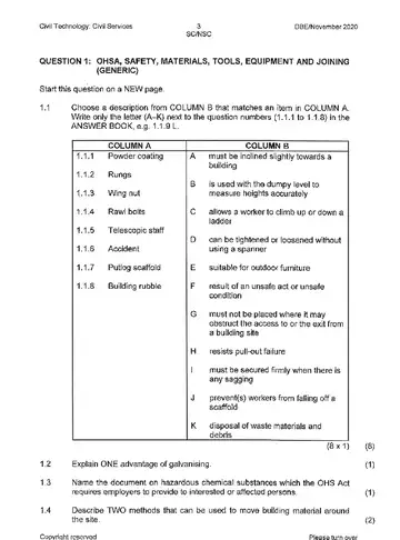 Civil Technology Grade 12 November 2020 (National DBE) question paper, first page of questions