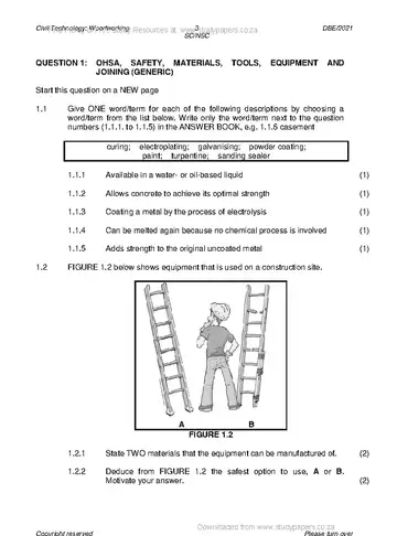 Civil Technology Grade 12 May/June 2021: Woodworking question paper, first page of questions
