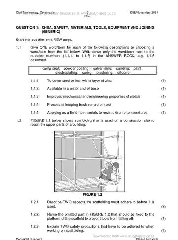 Civil Technology Grade 12 November 2021: Construction (National DBE) question paper, first page of questions