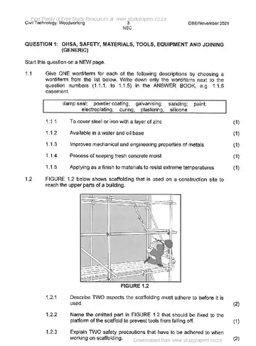 Civil Technology Grade 12 November 2021: Woodworking (National DBE) question paper, first page of questions