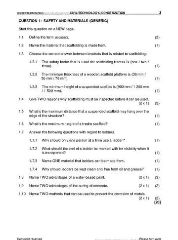 Civil Technology Grade 12 September Trial 2022: Construction question paper, first page of questions