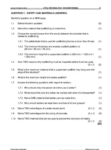 Civil Technology Grade 12 September Trial 2022: Woodworking question paper, first page of questions