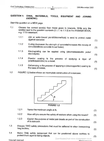 Civil Technology Grade 12 November 2022: Construction (National DBE) question paper, first page of questions