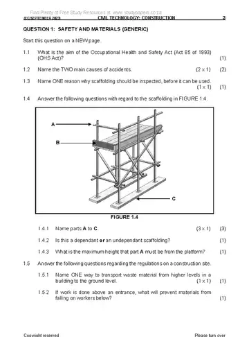 Civil Technology Grade 12 September Trial 2023: Construction question paper, first page of questions