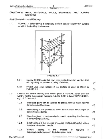 Civil Technology Grade 12 November 2023: Construction (National DBE) question paper, first page of questions