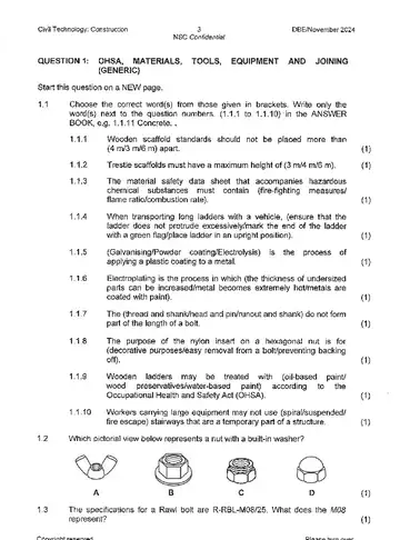 Civil Technology Grade 12 November 2024: Construction (National DBE) question paper, first page of questions