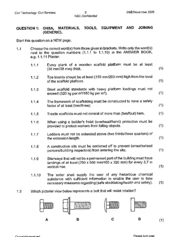 Civil Technology Grade 12 November 2025: Civil Services (National DBE) question paper, first page of questions