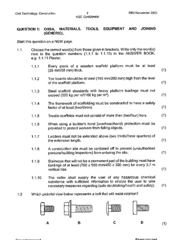 Civil Technology Grade 12 November 2025: Construction (National DBE) question paper, first page of questions