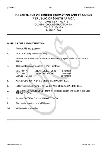 Clothing Construction N4 June 2018 question paper, first page of questions