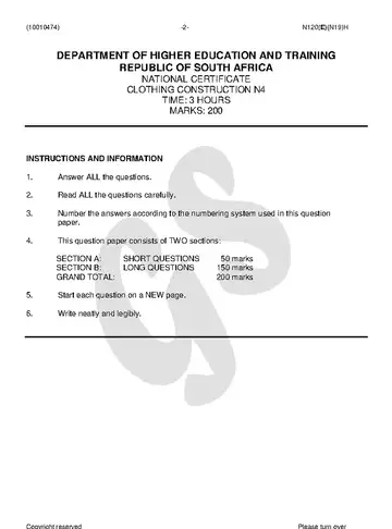 Clothing Construction N4 November 2018 question paper, first page of questions