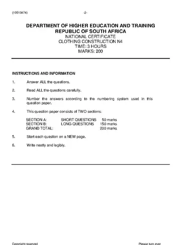 Clothing Construction N4 November 2019 question paper, first page of questions