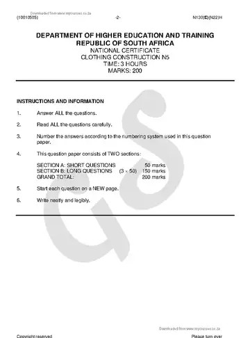 Clothing Construction N5 November 2018 question paper, first page of questions