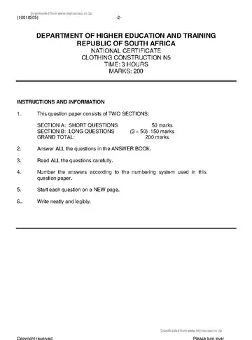 Clothing Construction N5 November 2019 question paper, first page of questions