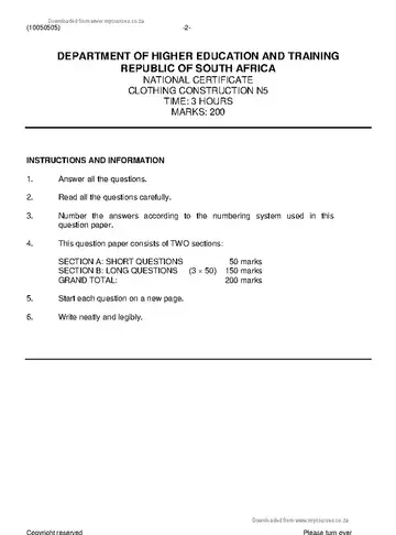 Clothing Construction N5 November 2020 question paper, first page of questions