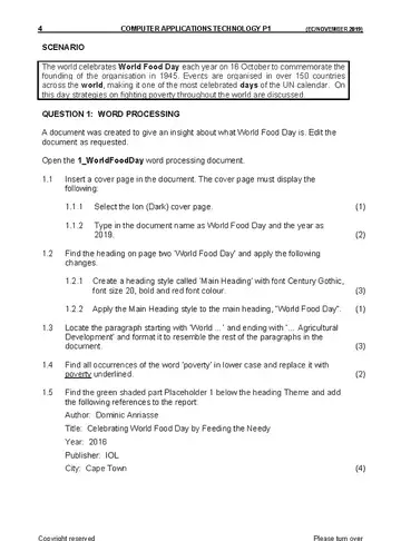 Computer Applications Technology CAT Grade 11 November 2019 Paper 1 question paper, first page of questions