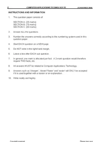 Computer Applications Technology CAT Grade 11 November 2019 Paper 2 question paper, first page of questions