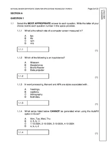 IEB Computer Applications Technology Grade 12 November 2024 Paper 2 (IEB) question paper, first page of questions