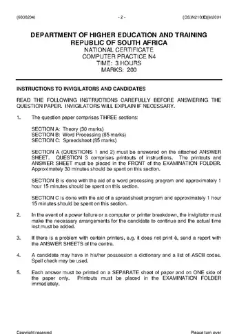 Computer Practice N4 June 2016 question paper, first page of questions