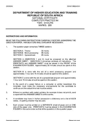 Computer Practice N4 June 2018 question paper, first page of questions