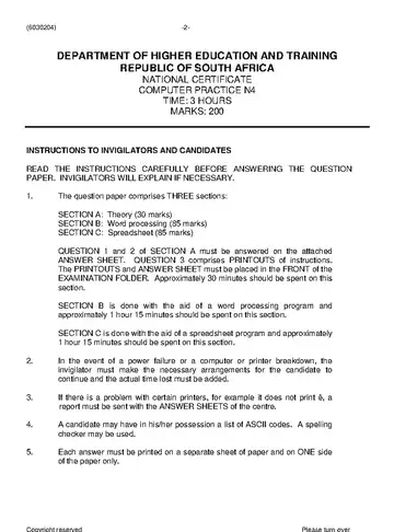 Computer Practice N4 June 2019 question paper, first page of questions