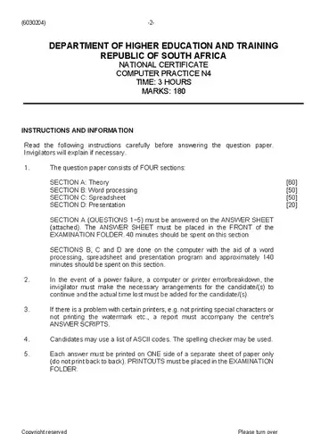 Computer Practice N4 November 2023 question paper, first page of questions