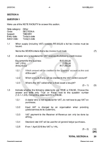 Computerised Financial Systems N4 June 2018 question paper, first page of questions