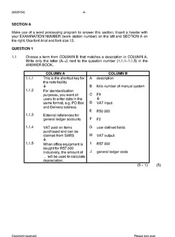 Computerised Financial Systems N4 June 2019 question paper, first page of questions